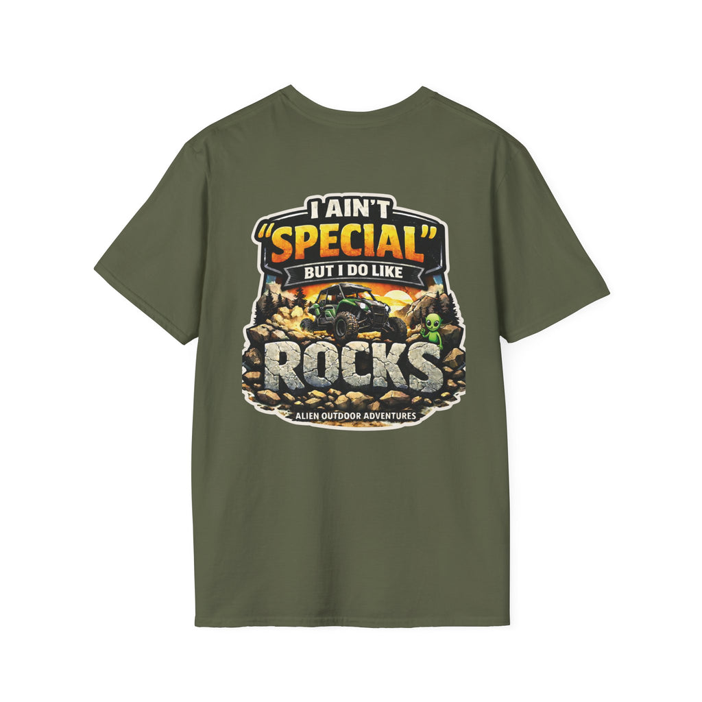 Alien Outdoor Adventures T-Shirt — “I Ain’t ‘Special’ But I Do Like Rocks” Graphic Tee